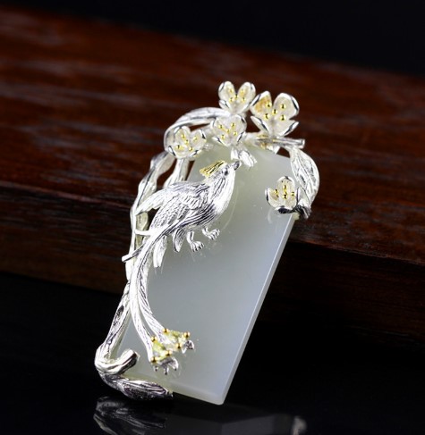 Natural White Jade Silver Peacock Pendant