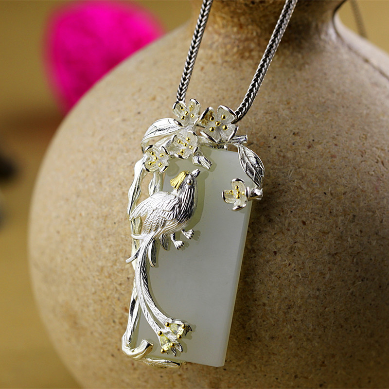 Natural White Jade Silver Peacock Pendant - Image 2